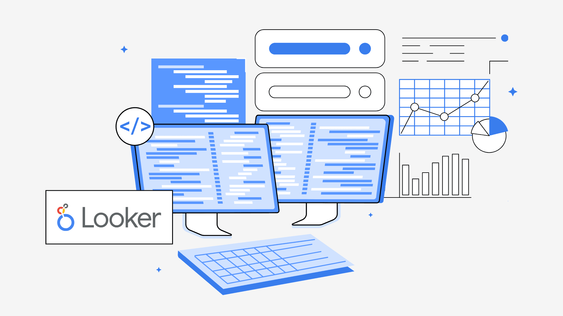 Illustration showing data analysis and visualization using Looker, featuring code snippets, databases, charts, and a keyboard, symbolizing analytics and reporting workflows.