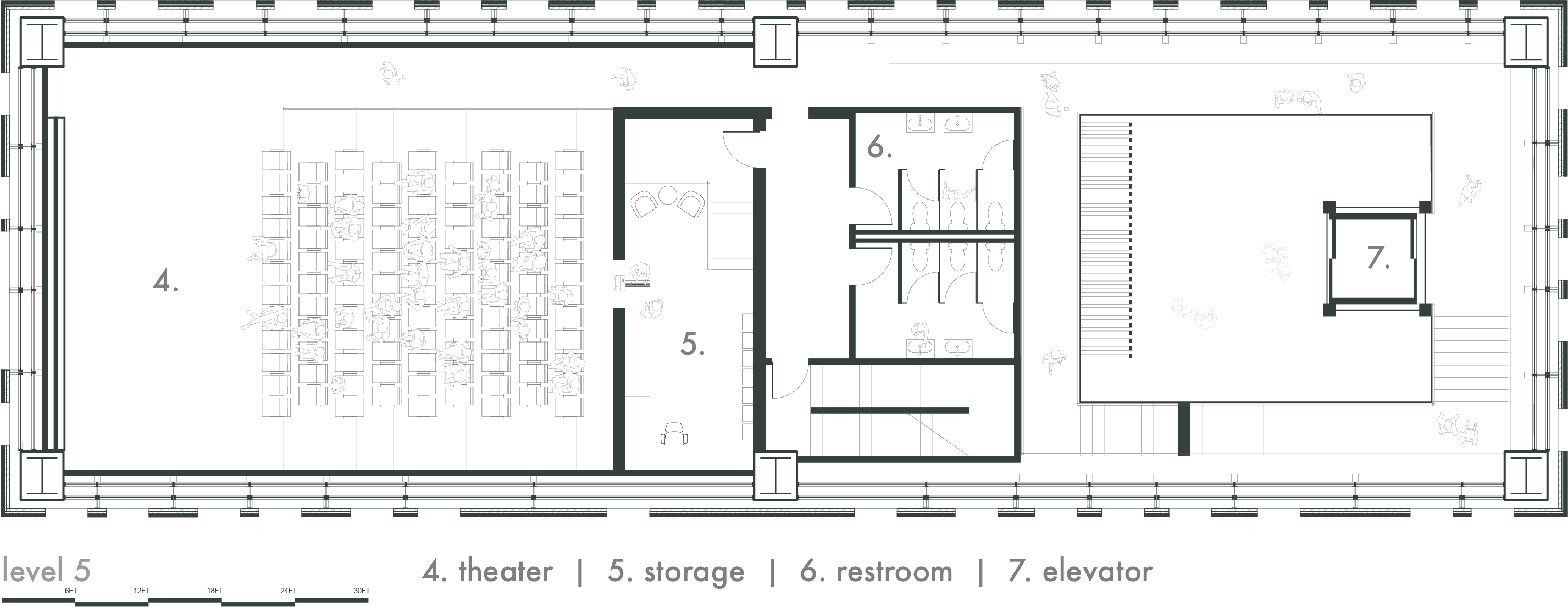 Level 5 floor plan showing theater, storage, restroom, and elevator