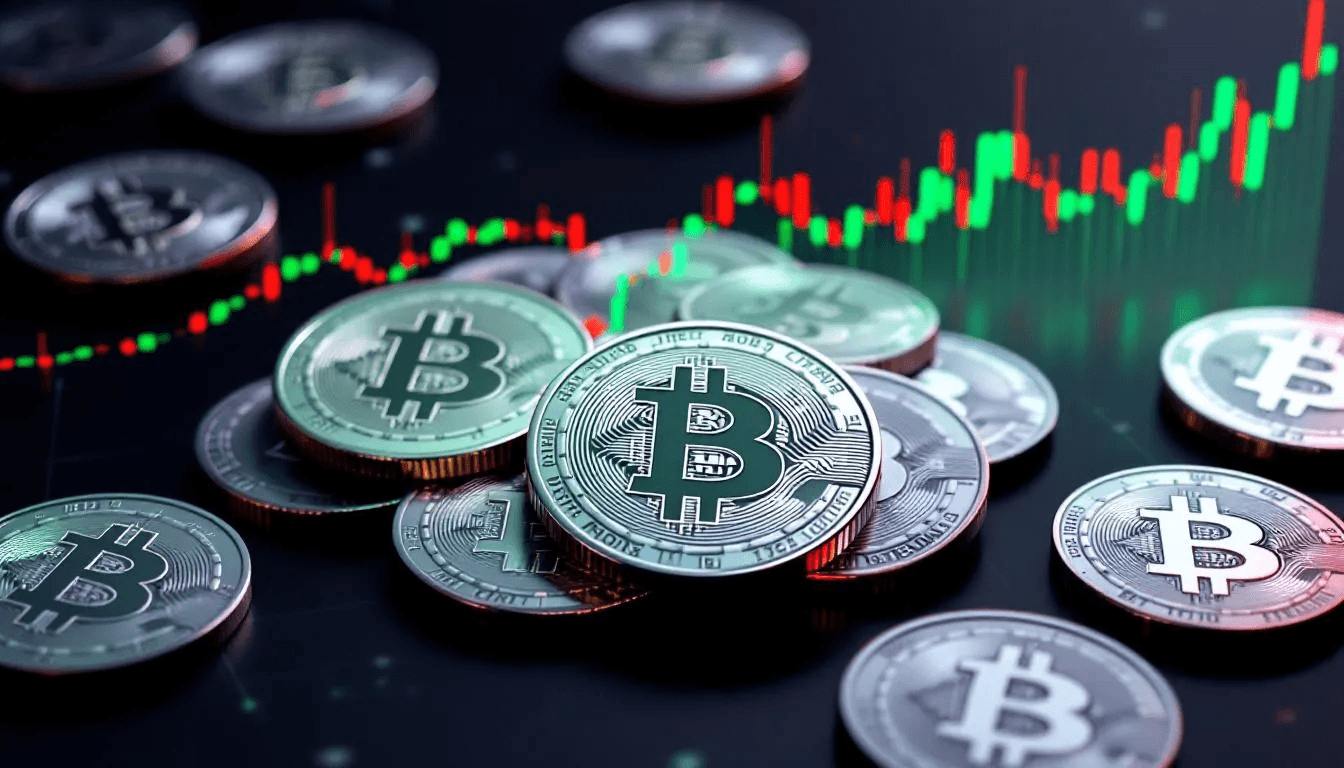 The image depicts shiny Bitcoin coins in the foreground, symbolizing digital currency, with growth charts in the background representing the cryptocurrency market's upward trends. This visual illustrates the concept of Bitcoin as a valuable cryptocurrency and a potential good investment within the evolving landscape of financial assets.