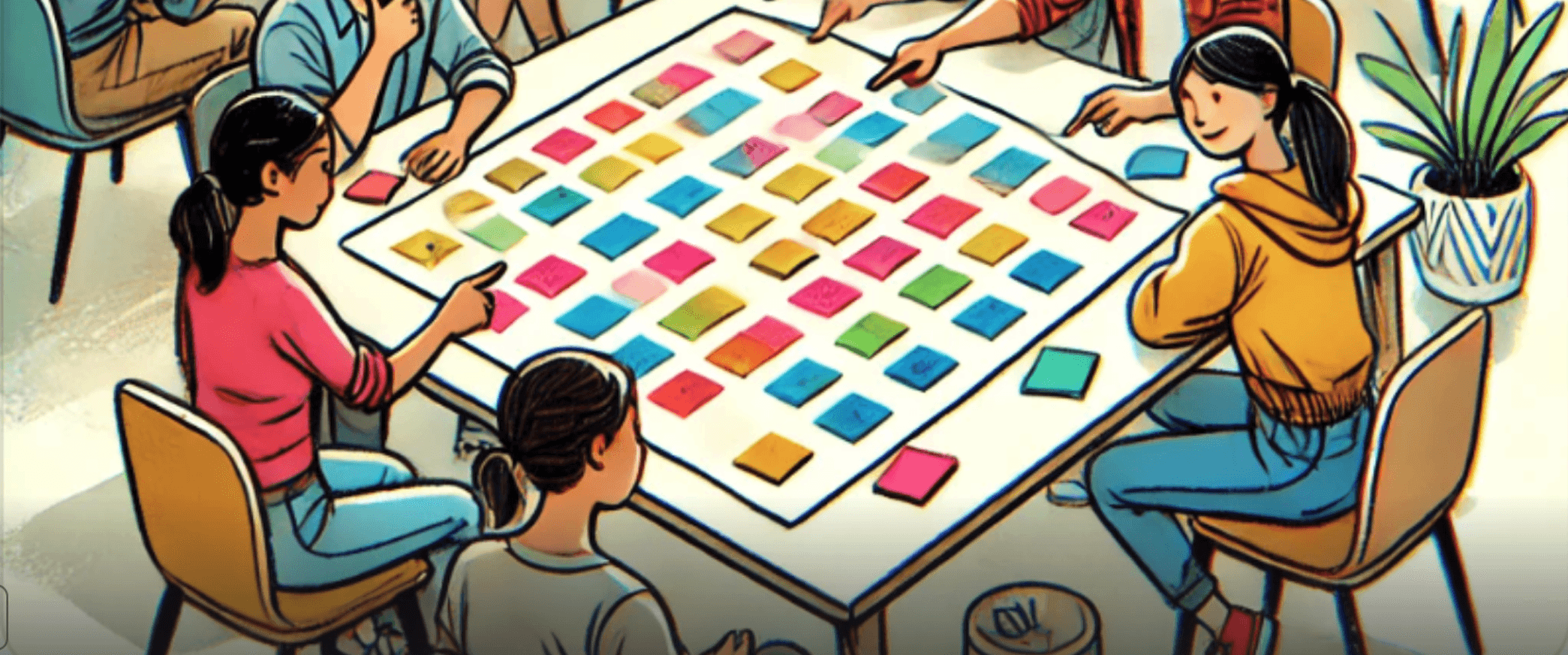 A cartoon in a hand-drawn style depicting the UX research method of card sorting. The cartoon shows people sitting in chairs around a table. On the table are coloured cards. 