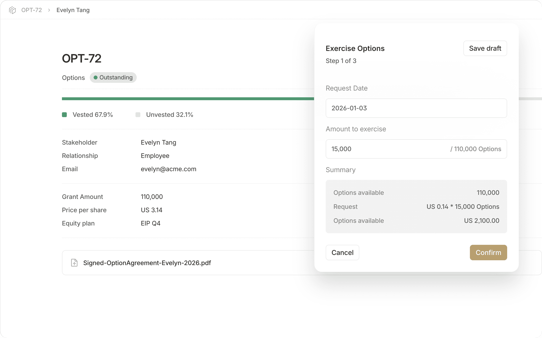 The image shows an employee stock option interface for Evelyn Tang, displaying vested and unvested percentages, grant details, and exercise options form.