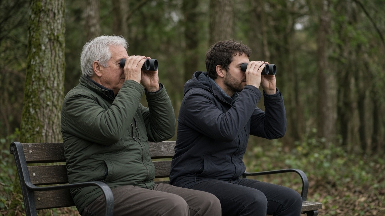 This image shows an elderly man and a younger man sitting side by side on a wooden bench in a forest setting. Both are dressed in casual outdoor jackets and are holding binoculars, engaged in birdwatching. The background consists of dense, green woodland, indicating a peaceful nature environment. The photo captures intergenerational bonding through a shared outdoor hobby and could be used to illustrate topics on companion care, outdoor activities for seniors, nature engagement, or birdwatching.