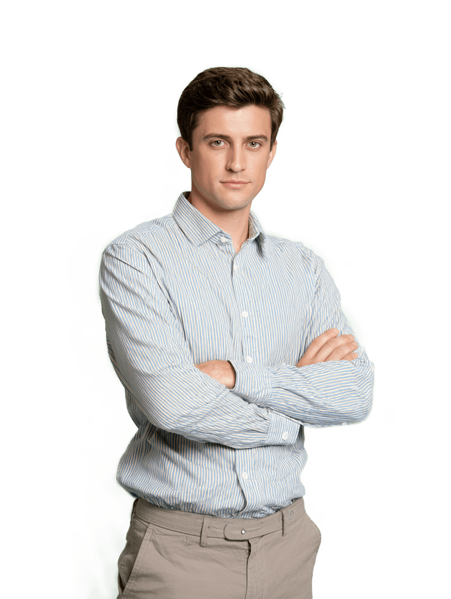 Portrait d'un homme en chemise rayée bleue et blanche, entrepreneur, créateur d'entreprise.