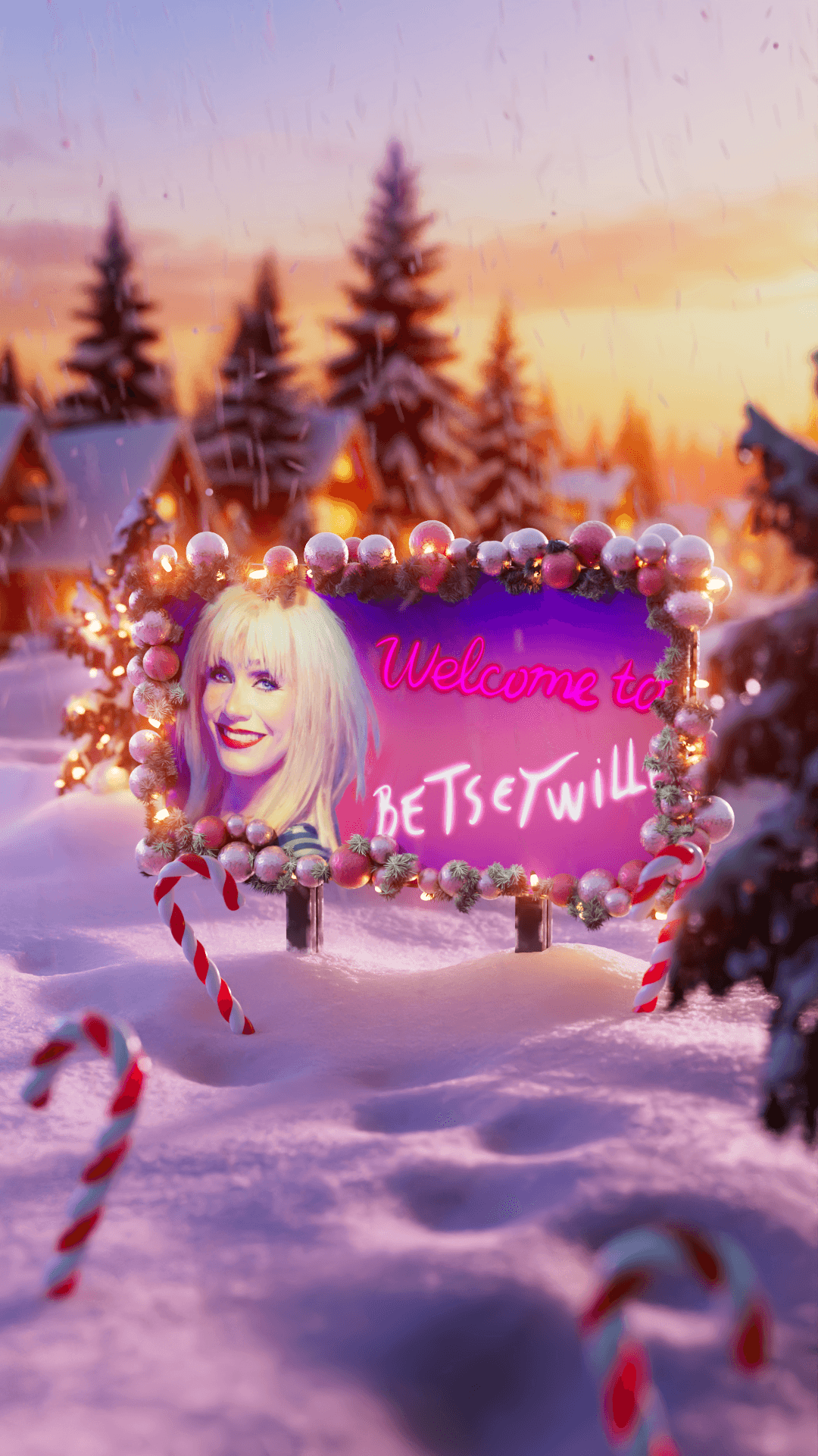 A glowing, candy-encrusted "Welcome to Betseyville" billboard in a snowy evening landscape
