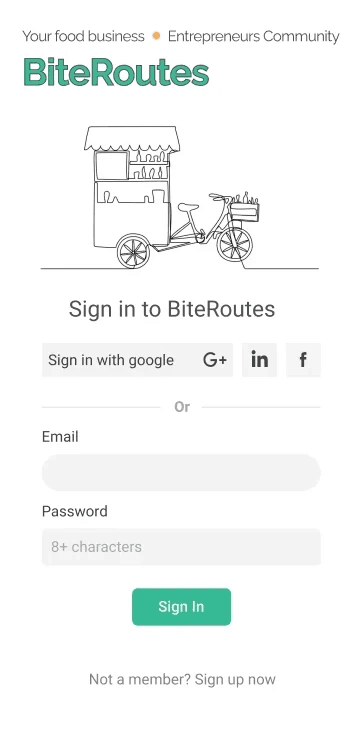 BiteRoutes sign-in screen with an illustrated food cart, social sign-in and email fields.