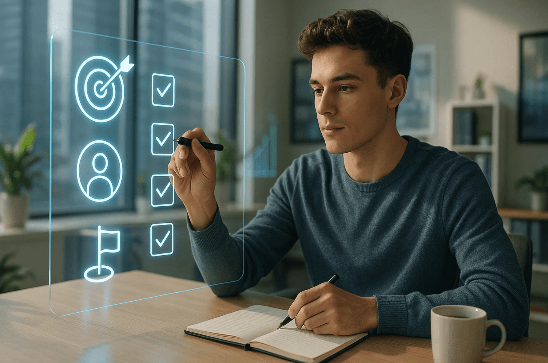 Étudiant en 2026 planifiant ses objectifs de stage sur un tableau digital futuriste, symbole de motivation et de réussite.