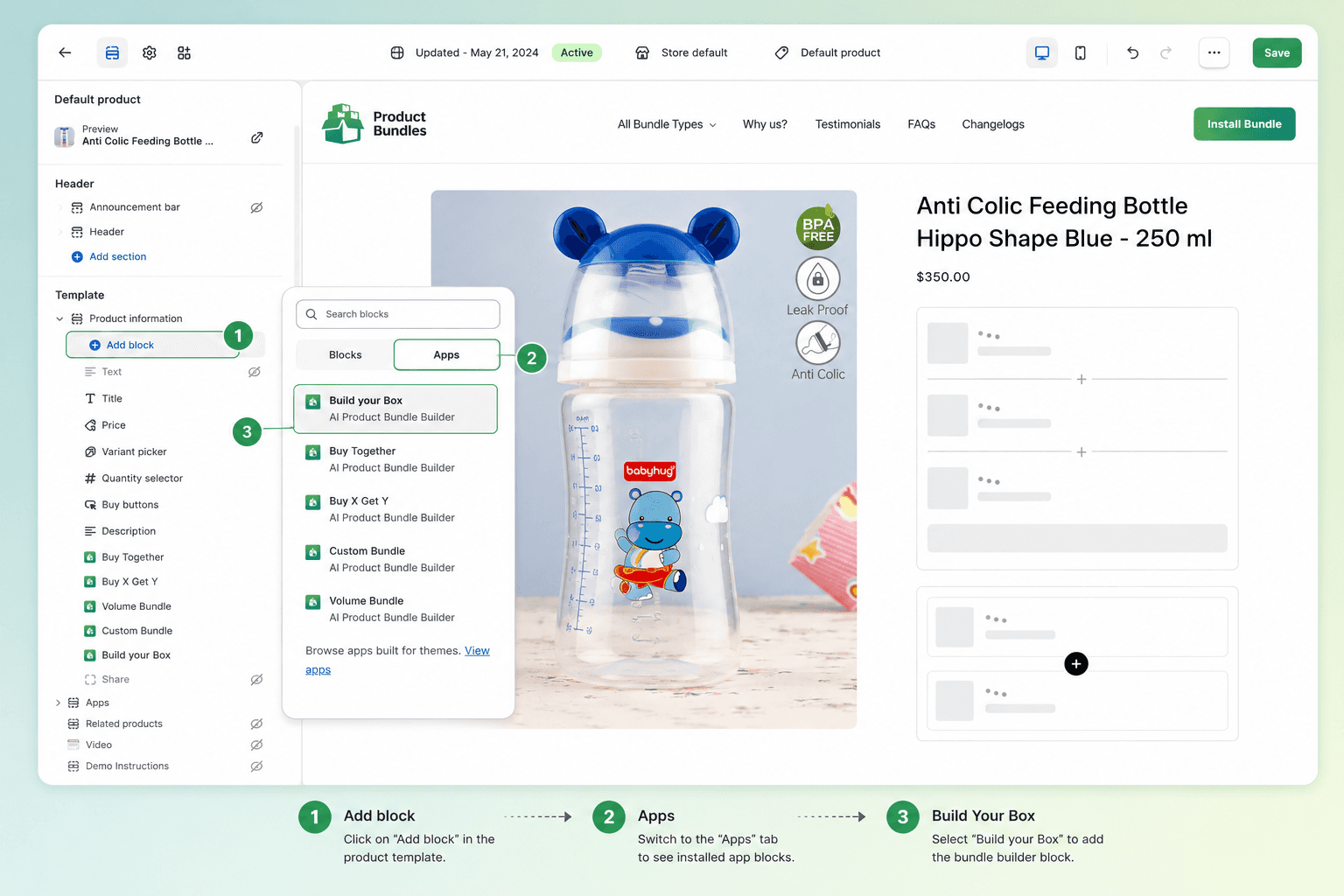 Shopify theme editor sidebar showing Add block, Apps, and the Build Your Box app block selected