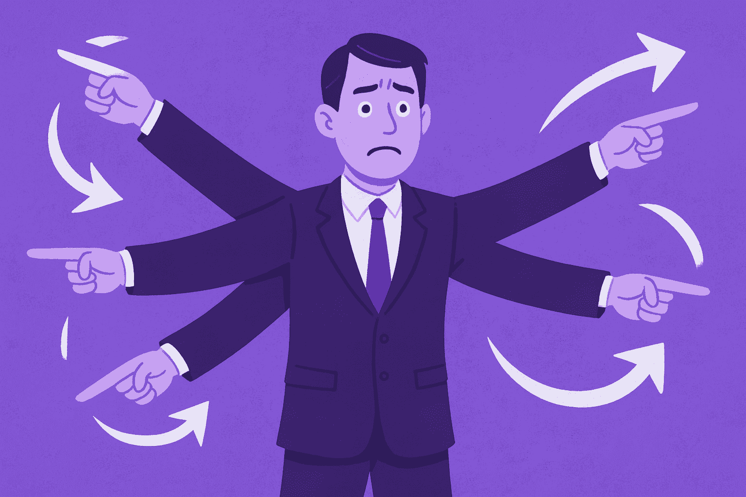 Flat-style digital illustration showing a confused business leader with multiple arms pointing in different directions, symbolizing lack of direction and poor planning. The background includes scattered arrows representing chaos and indecision, created in OrbityTrack’s brand colors.