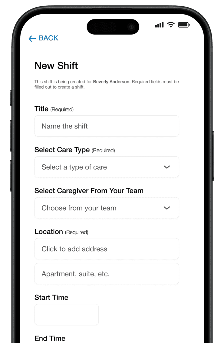 Scheduling form in mobile app.