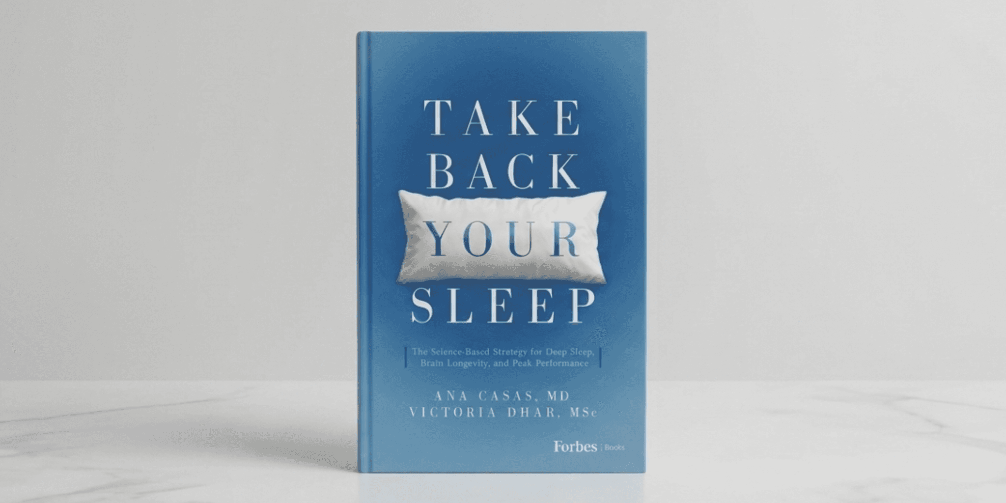 Book cover of “Take Back Your Sleep” featuring a pillow, promoting deep sleep, brain longevity, and recovery strategies.