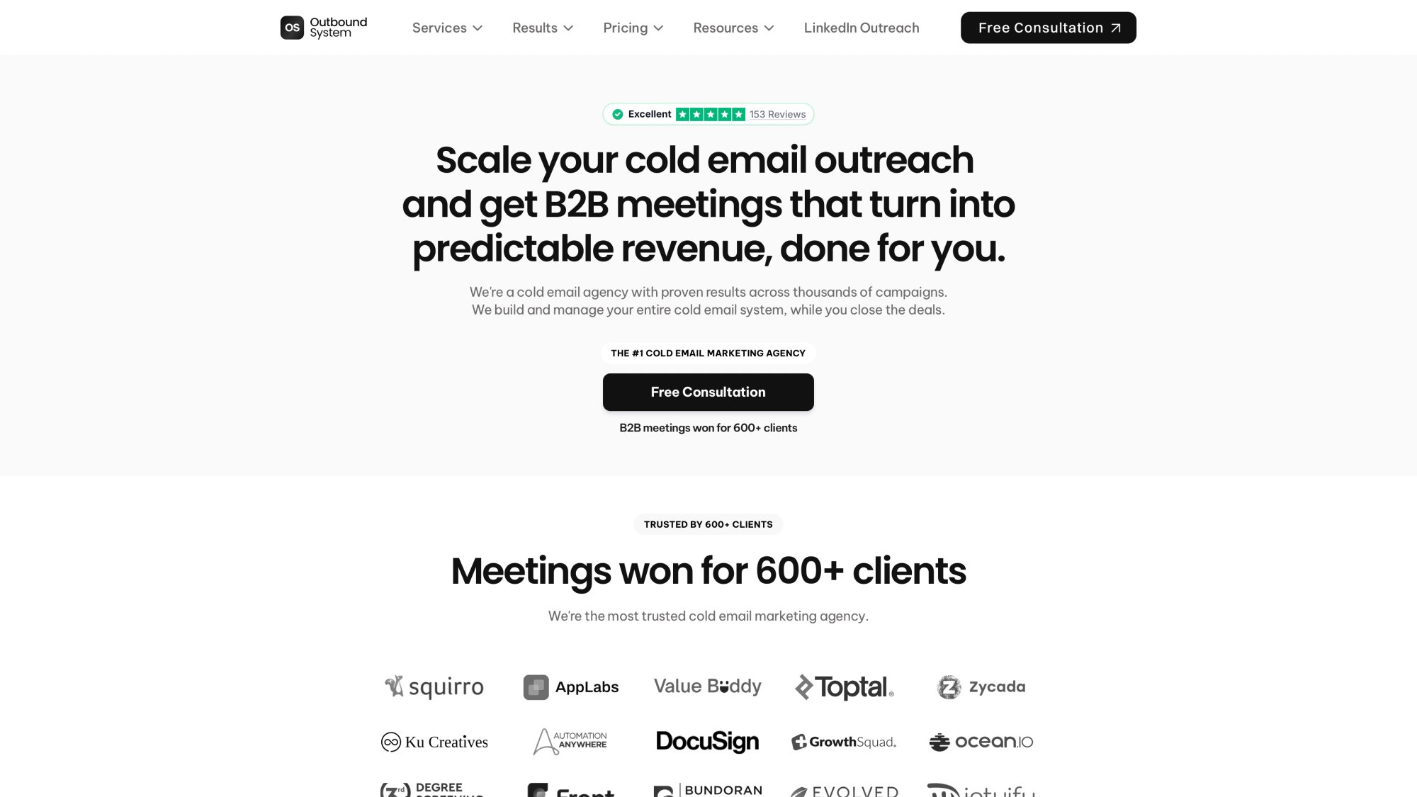 Outbound System homepage showing done-for-you cold email, LinkedIn, and cold calling services with transparent pricing starting at $499/month