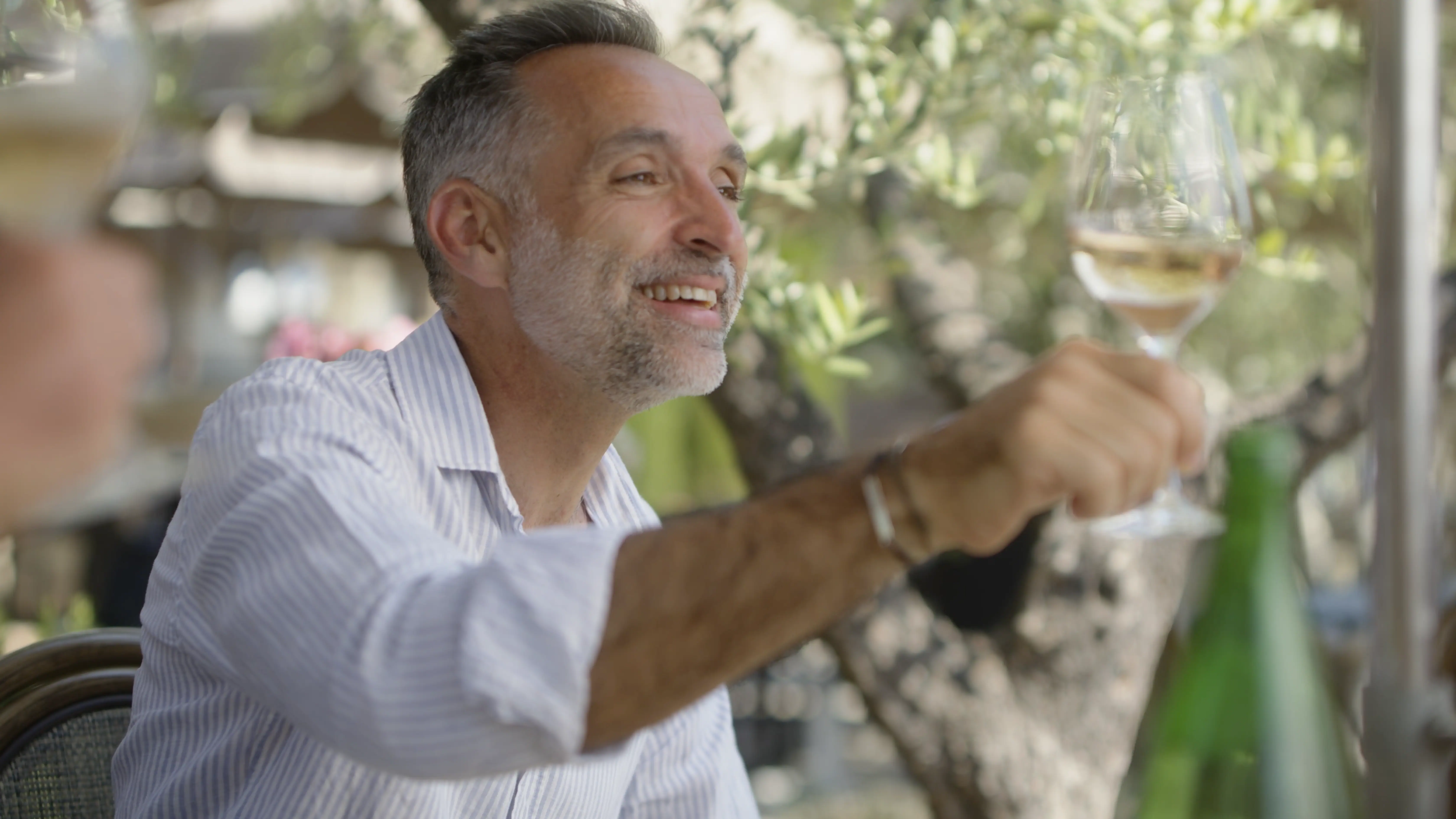 A joyful man in a striped shirt raises a glass of white wine in an outdoor setting, surrounded by lush greenery and a blurred background of trees, capturing a moment of celebration and leisure.