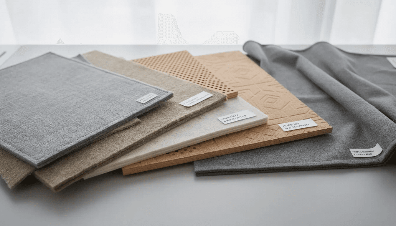 Na zdjęciu znajdują się różnorodne próbki materiałów akustycznych, takich jak panele akustyczne i pianka akustyczna, które służą do wyciszania pomieszczeń. Te produkty, ułożone w estetyczny sposób, mają na celu poprawę akustyki wnętrza, pochłaniając niepożądane dźwięki i wpływając na komfort akustyczny.