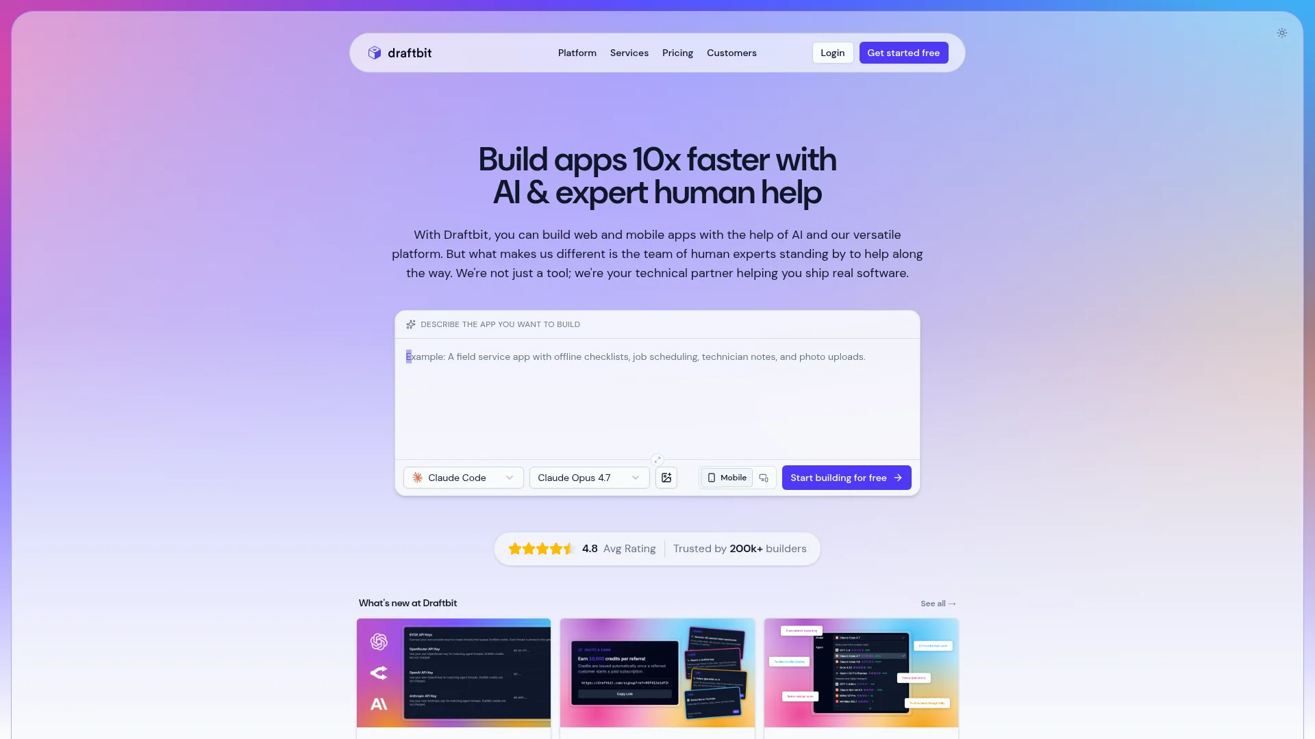 Draftbit React Native app builder homepage