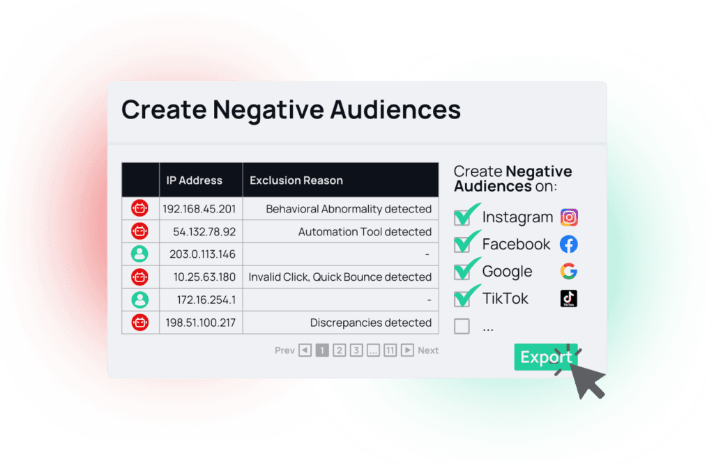 Mockup showcasing how you can set up negative audiences on different platforms in the fraud0 dashboard.