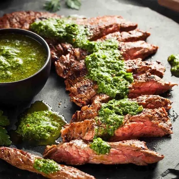 Grilled steak with chimichurri sauce served at Scorpion Chef food truck Vancouver Island