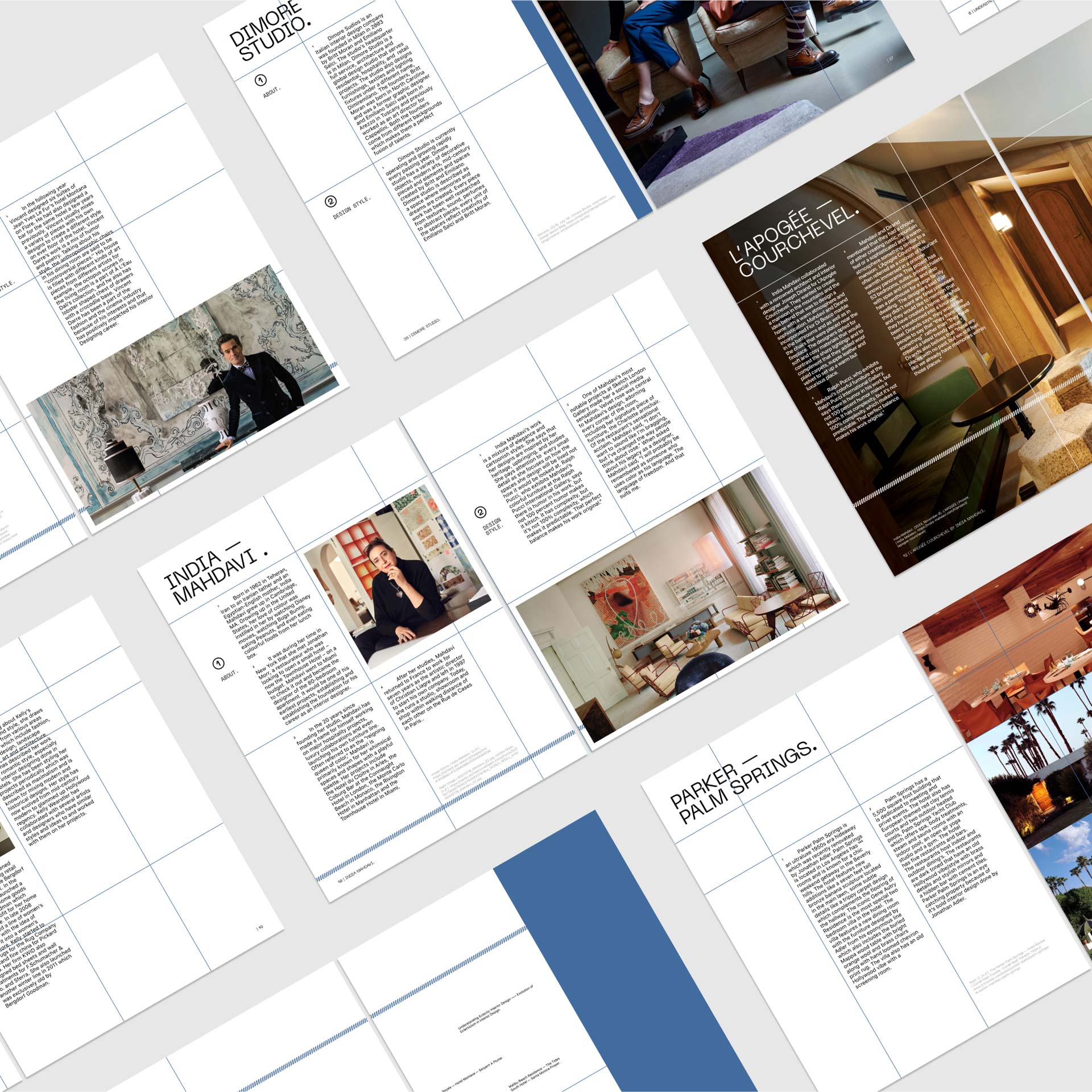 A modern magazine layout displaying various open pages, featuring articles with text blocks, photographs, and blue accents on the edges, showcasing a mix of interior design themes.