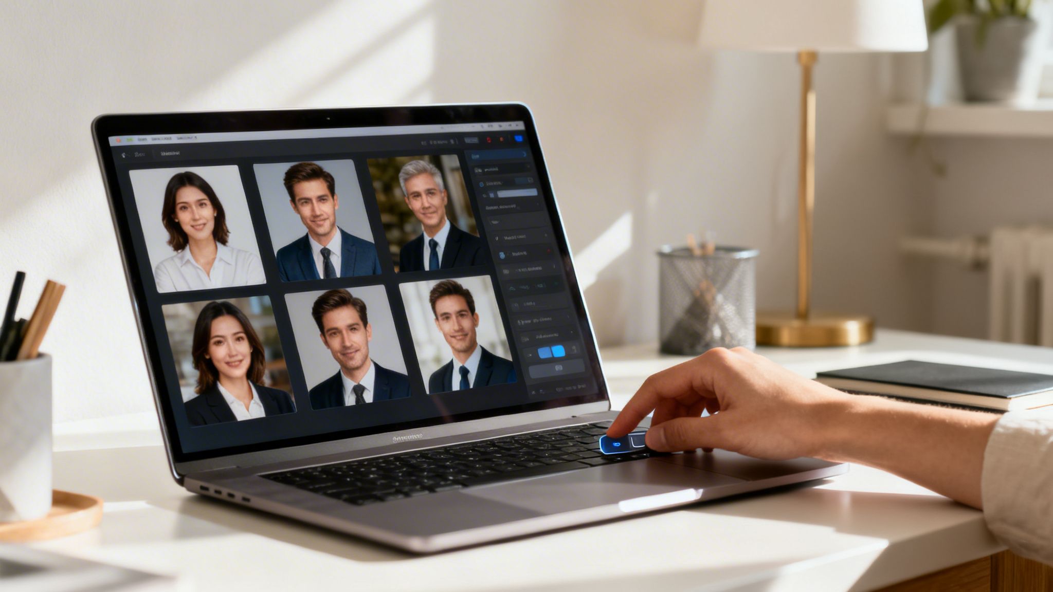 Person bearbeitet Profilbilder auf Laptop. Der Bildschirm zeigt sechs professionelle Kopfporträts von Männern und Frauen.