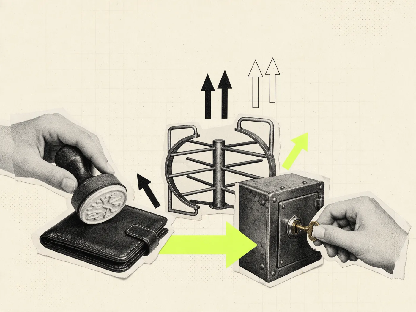 Colagem vintage: mão carimbando carteira e mão girando chave num cofre, as aprovações na criação de app para fintech