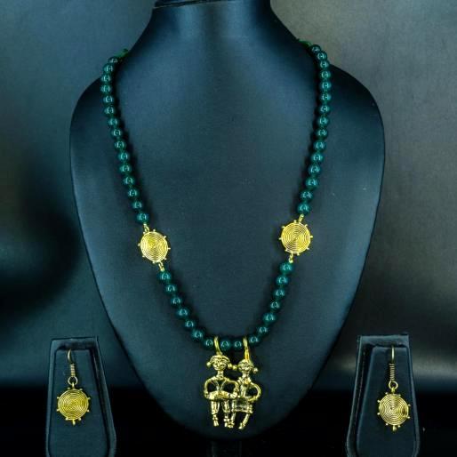Handcrafted dokra tribal couple motif necklace set with green beads and earrings