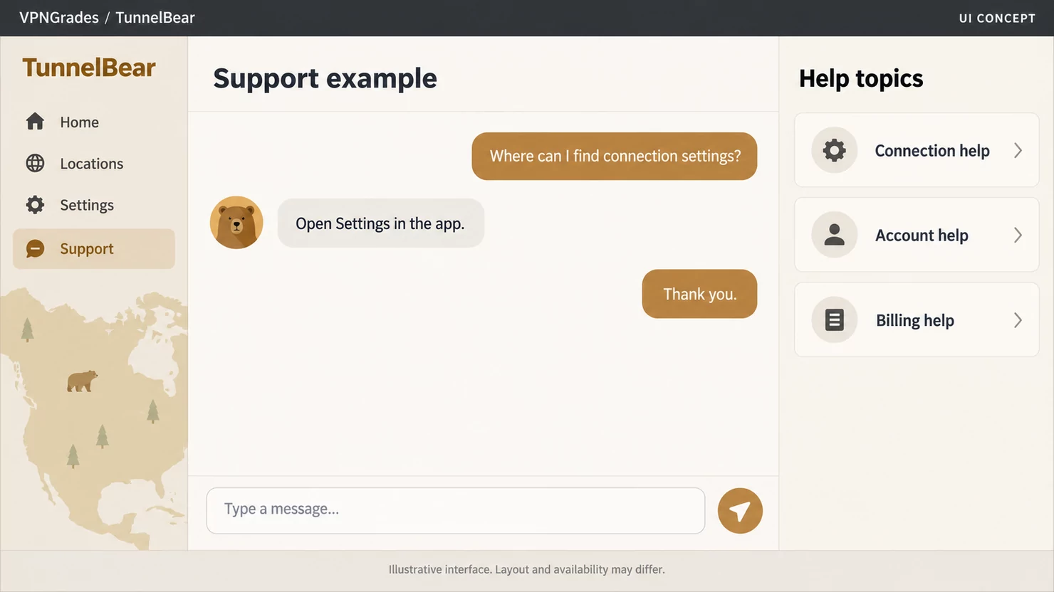 TunnelBear: a support conversation concept (illustration).