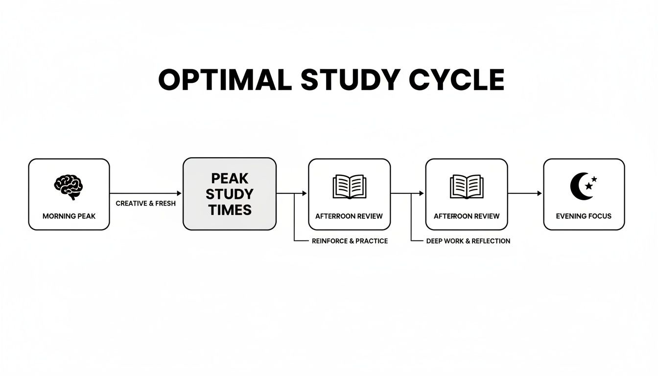 A flowchart illustrates an optimal study cycle, showing steps from morning peak to evening focus with review.