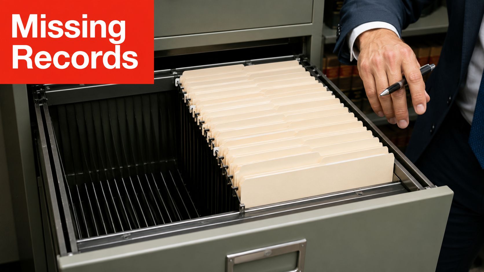 A businessman looking for files in an open office filing cabinet representing missing important records.