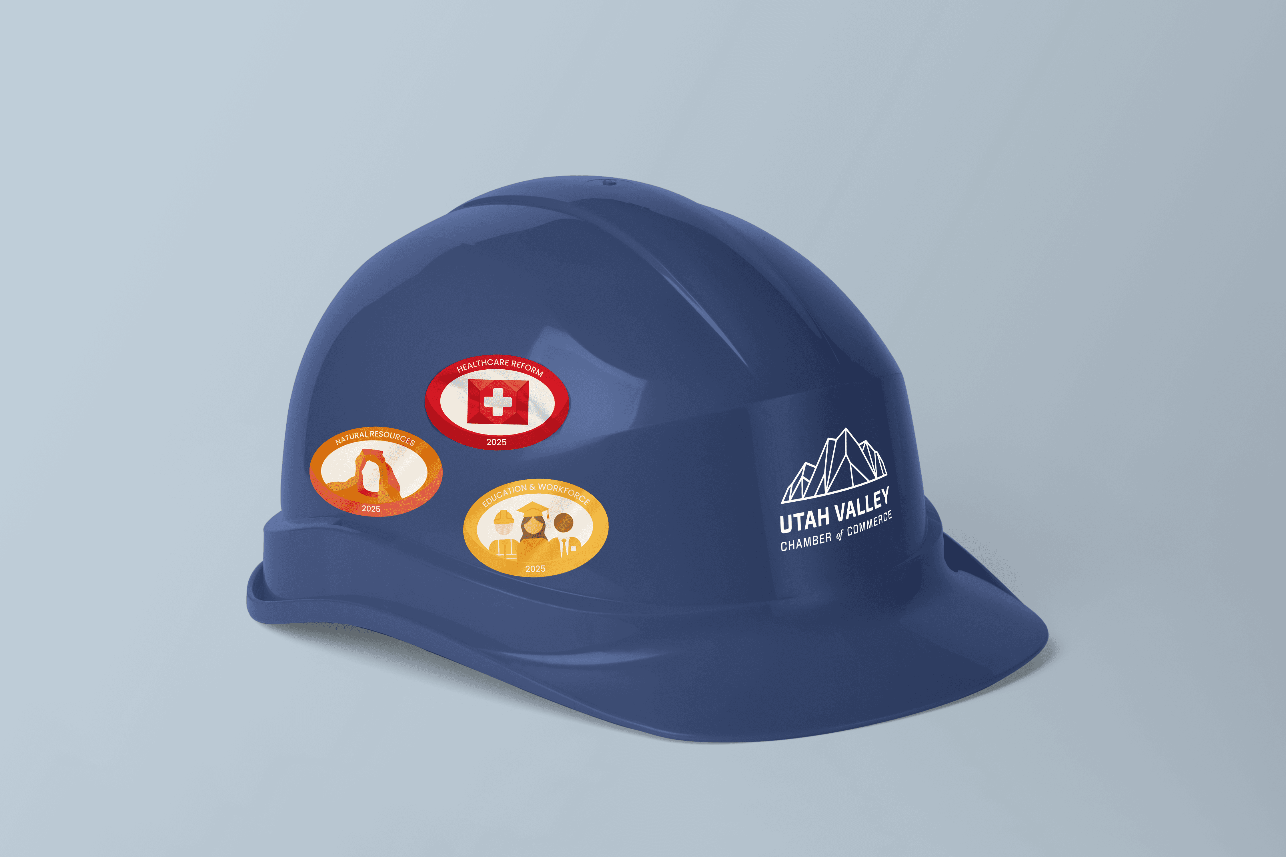 UV Chamber of Commerce hard hat with value initative stickers