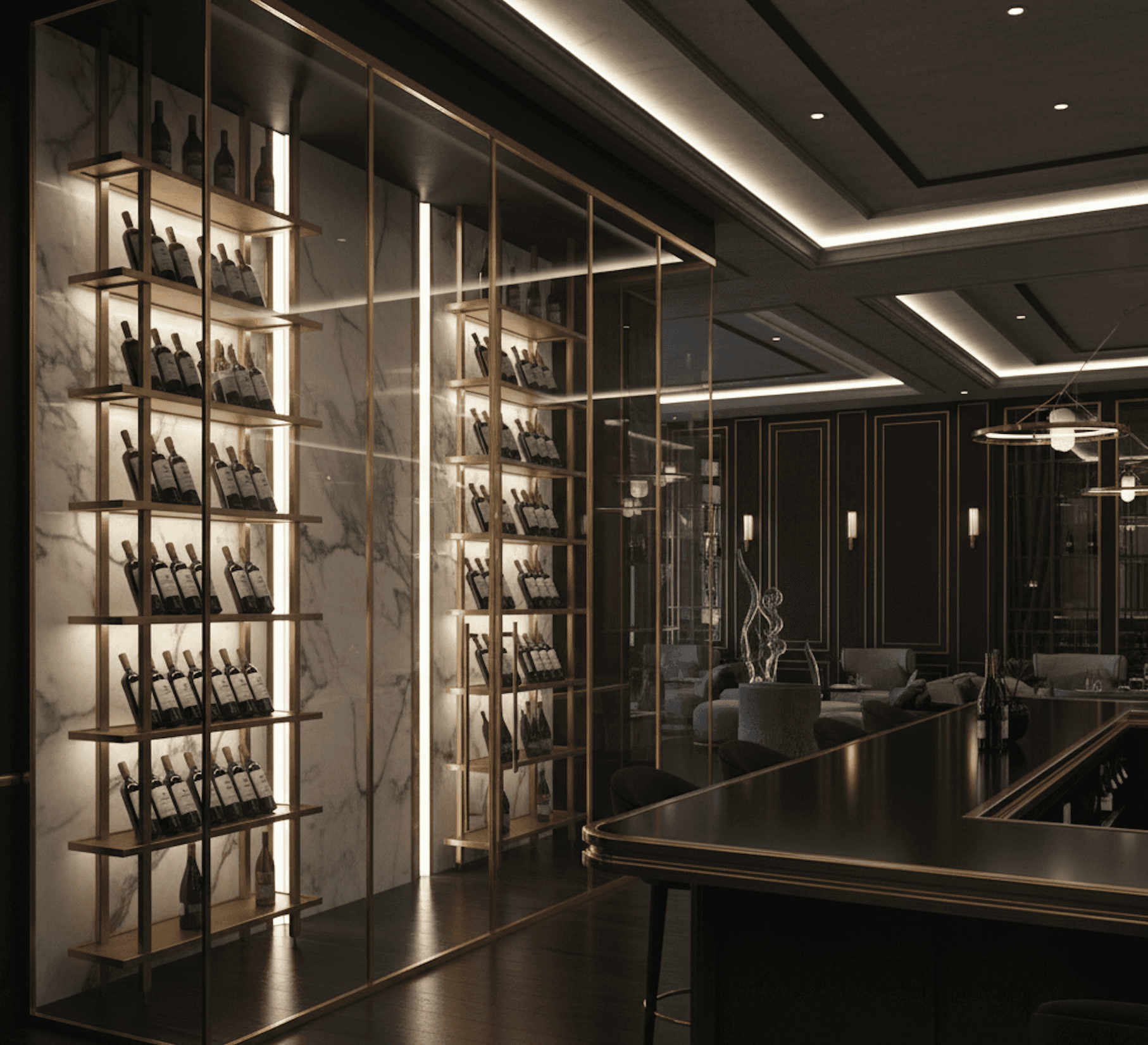 hotel bar with glass wine wall and metal wine racks in front of white stone
