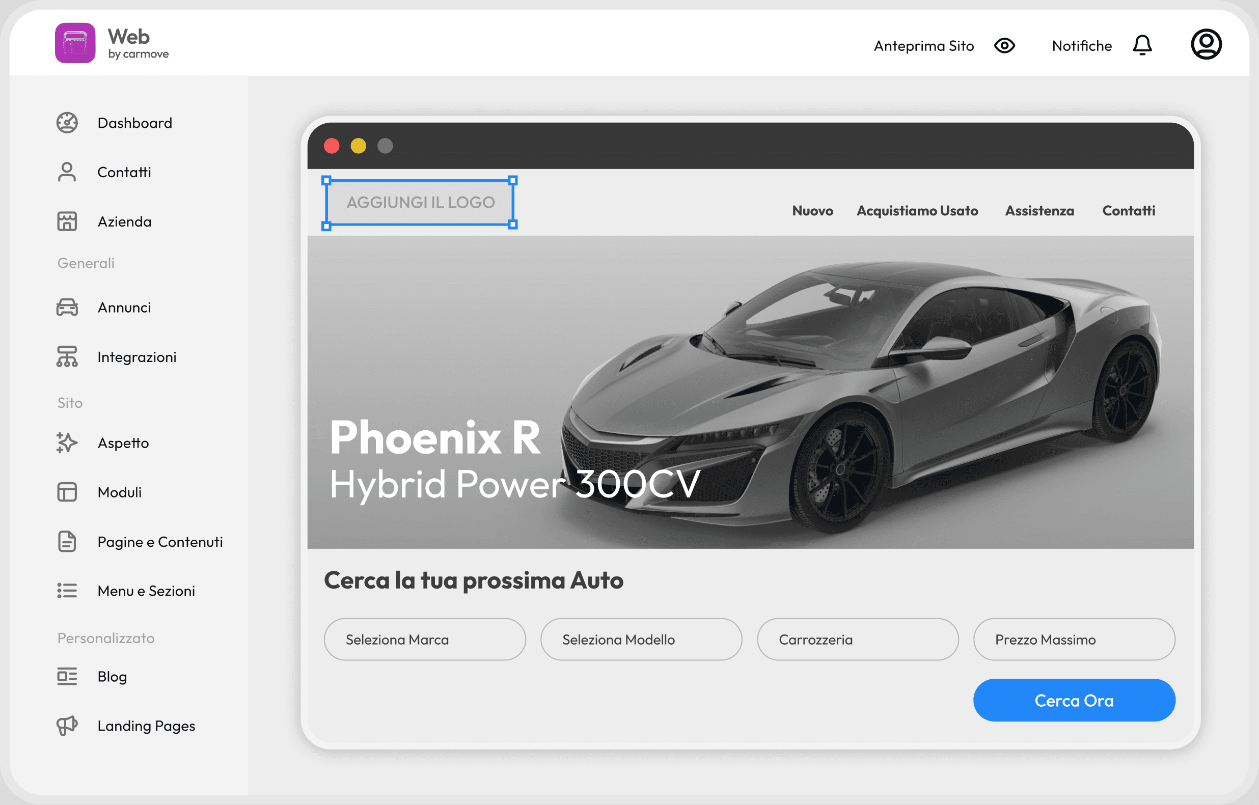 Mockup su tablet di un sito web Carmove