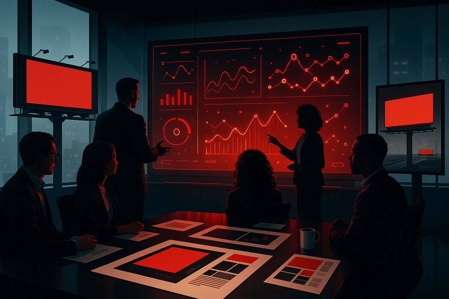 RockN' Socials' team strategizing at a digital marketing agency meeting.