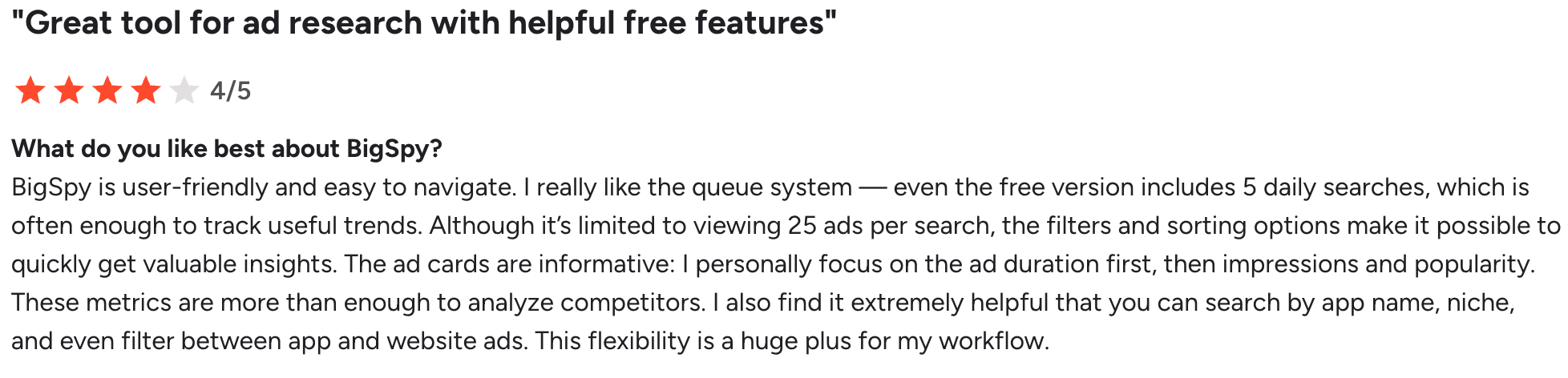 BigSpy review about free features and ad research filters