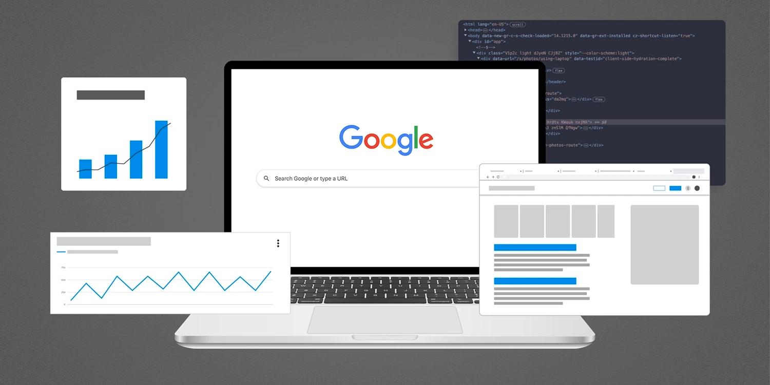 A laptop with Google search on the screen surrounded by browser windows with charts, code, and SERPs.