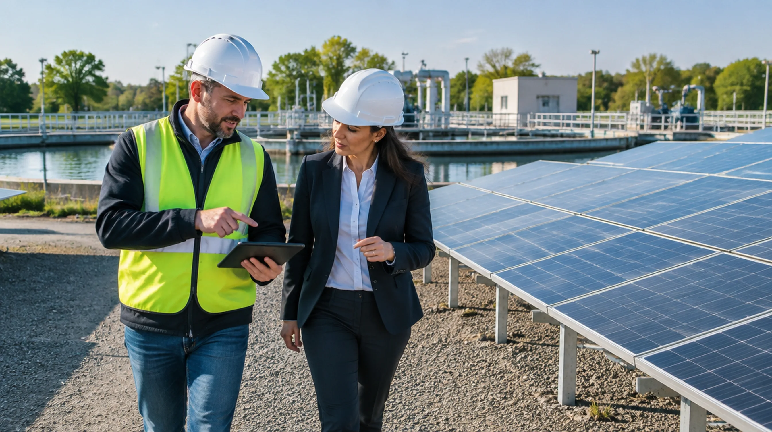 Municipal facilities manager and city finance officer reviewing plans beside solar panels at a water treatment plant