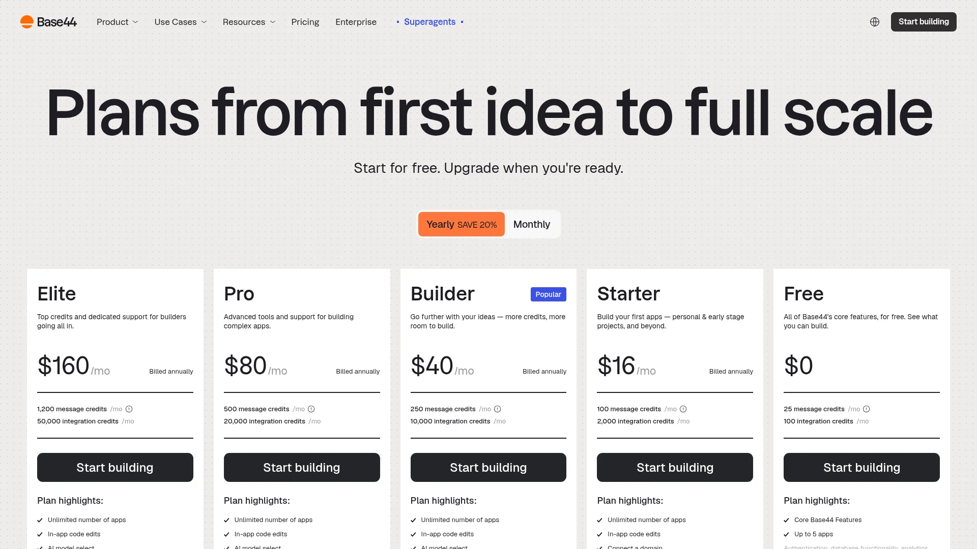 Base44 pricing page for 2026 showing Free, Starter, Builder, Pro, and Elite plans (annual billing shown)