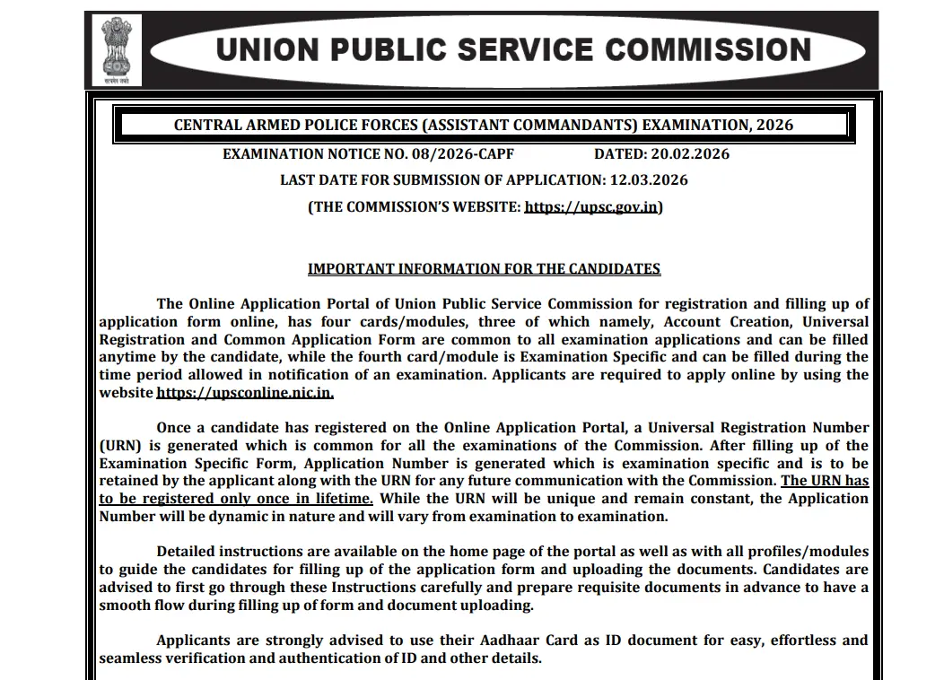 UPSC CAPF Official Notification 2026