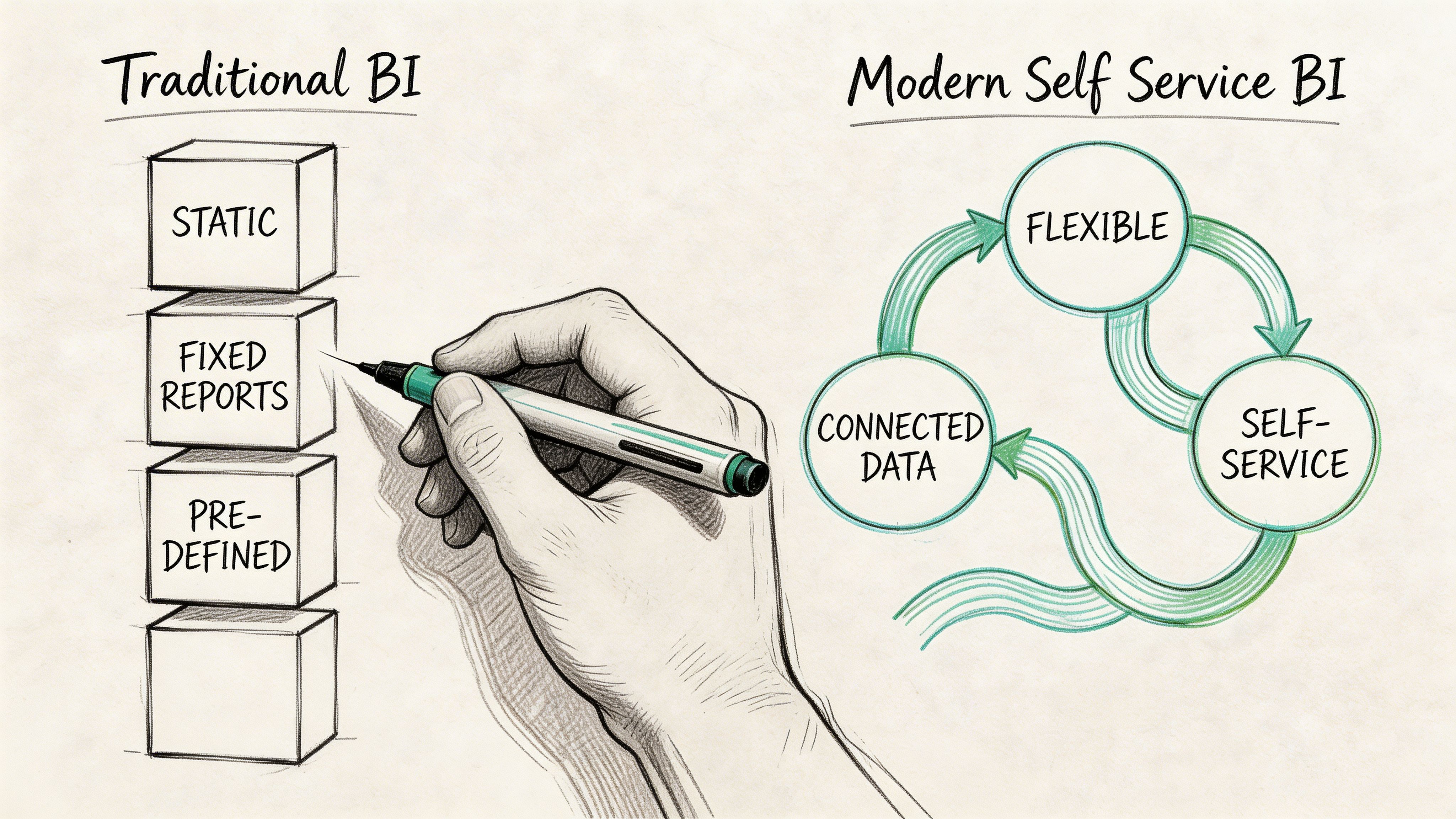 A conceptual illustration contrasting traditional static BI reports with flexible, modern self-service business intelligence.
