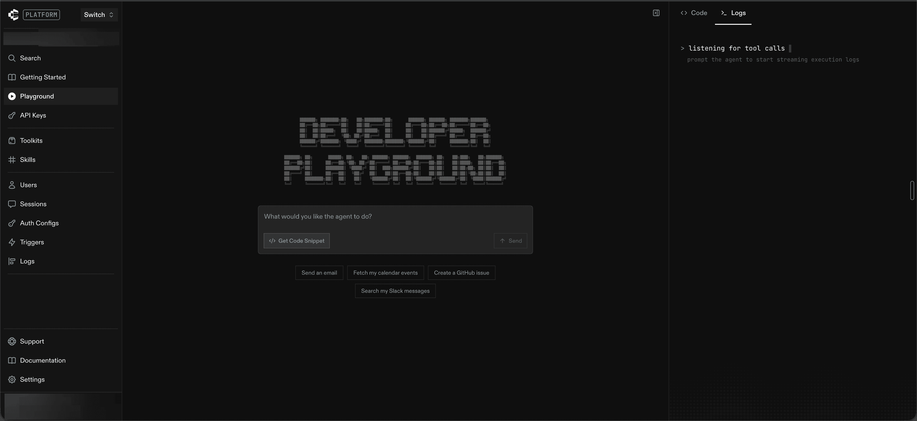 Composio Dashboard with the project selector and sidebar