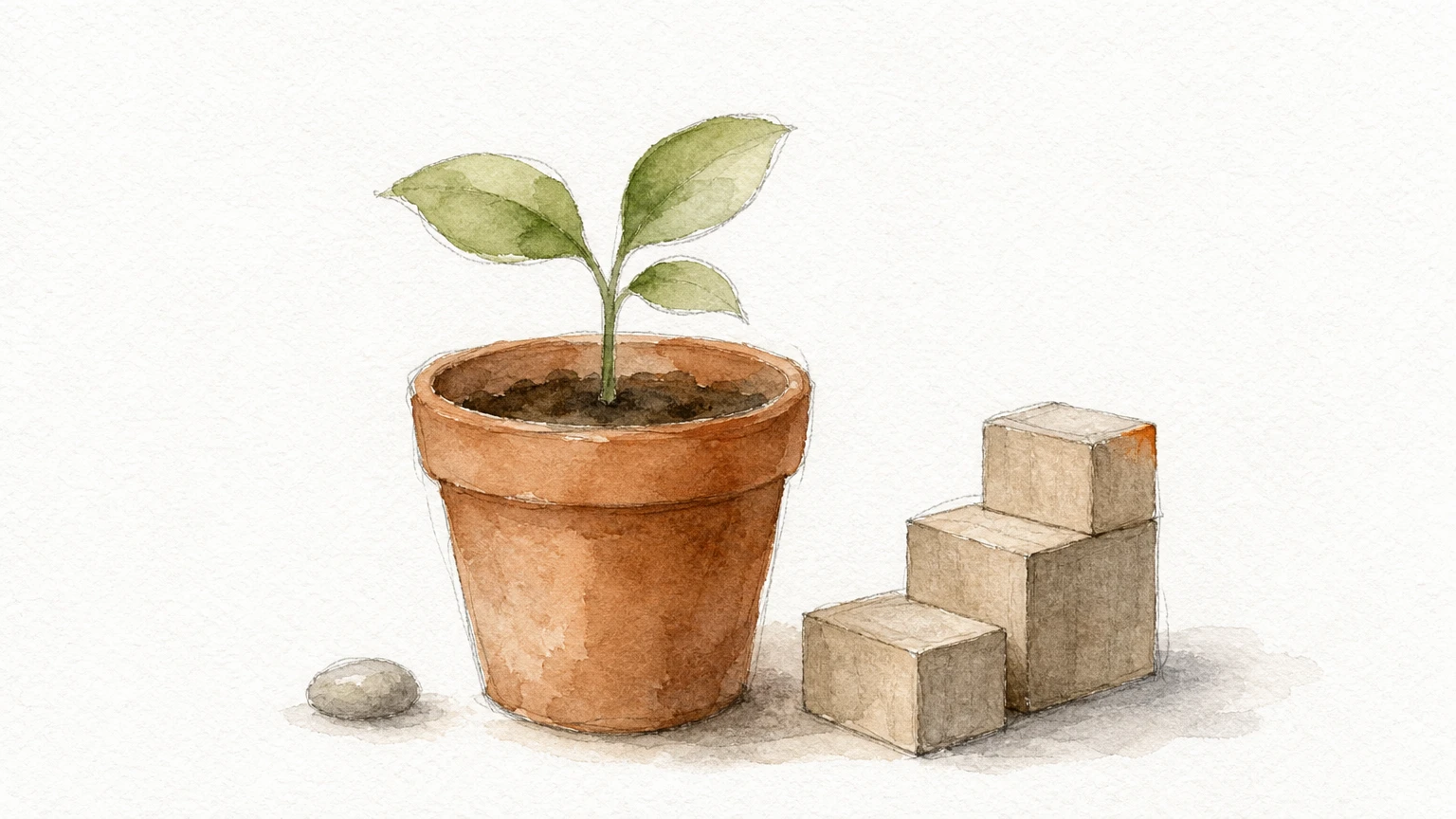A seedling in a clay pot sits beside three wooden blocks stacked in ascending steps.