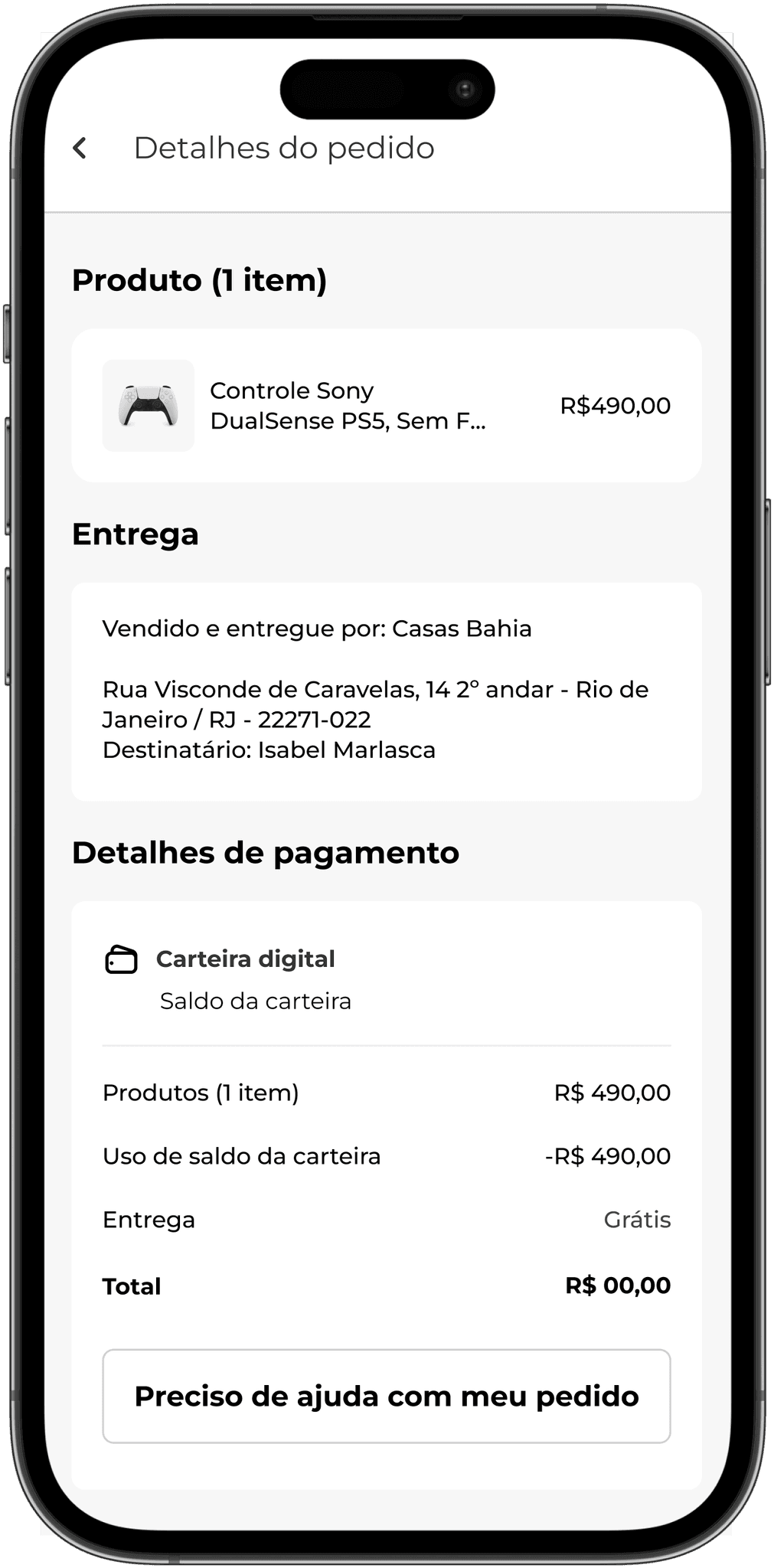 Página mobile de detalhes do pedido. Aqui ficam todas as informações relevantes do pedido: informações do produto, valor da compra, endereço de entrega e detalhes do pagamento. Ao final da página temos o mesmo botão de "preciso de ajuda" da página anterior.
