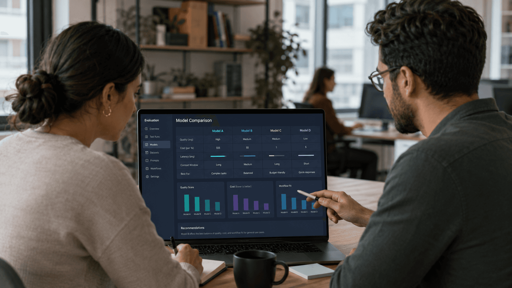 Two coworkers comparing AI models on a laptop screen, discussing quality, cost, latency, and context window in a collaborative office setting.