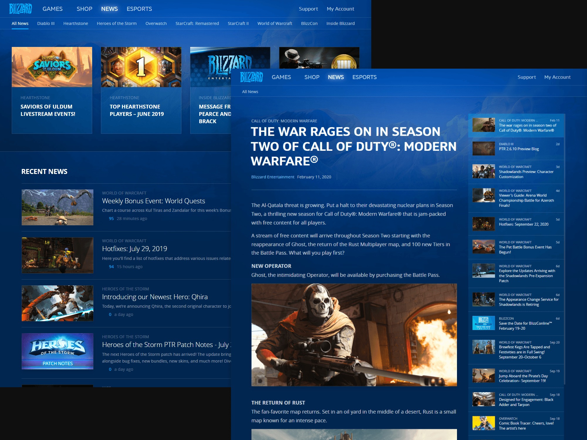 Blizzard News refresh from 2019 showing the home view and article design