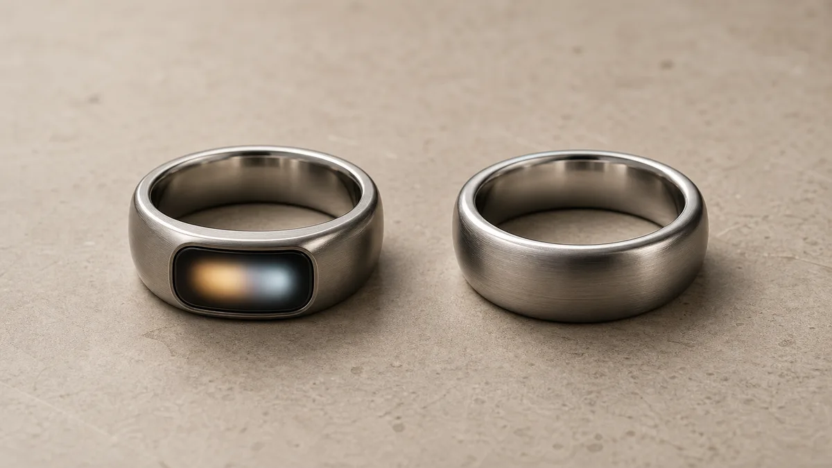 Two smart tasbih rings side by side, one with a soft OLED glow and one screenless