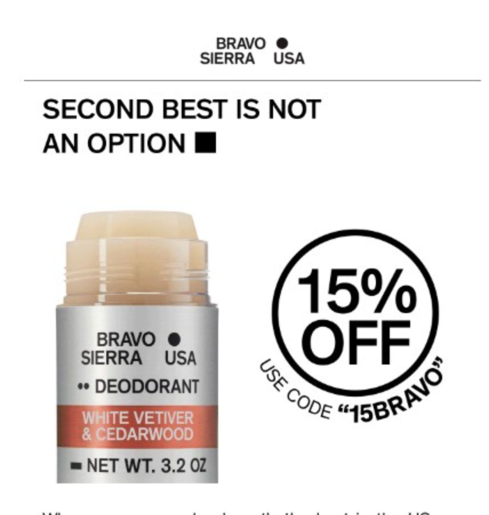 Bravo Sierra discount banner offering 15% off with code '15BRAVO' for White Vetiver & Cedarwood deodorant