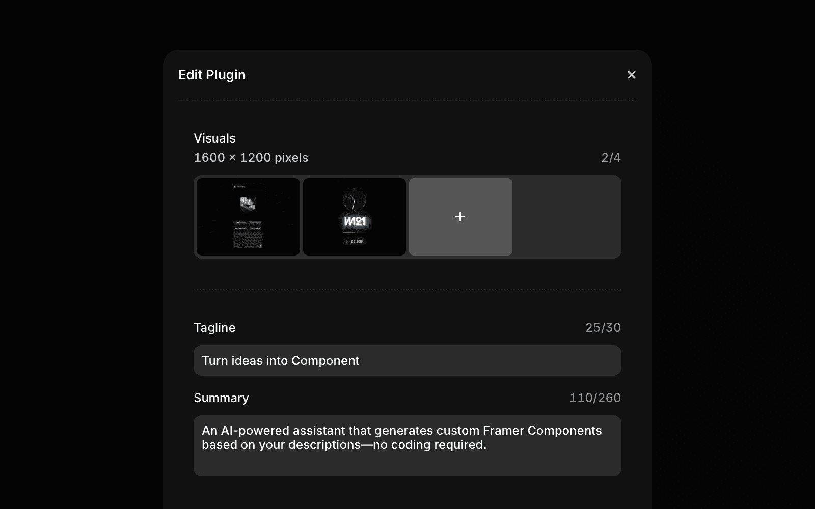 Framer Creator Dashboard 编辑插件界面