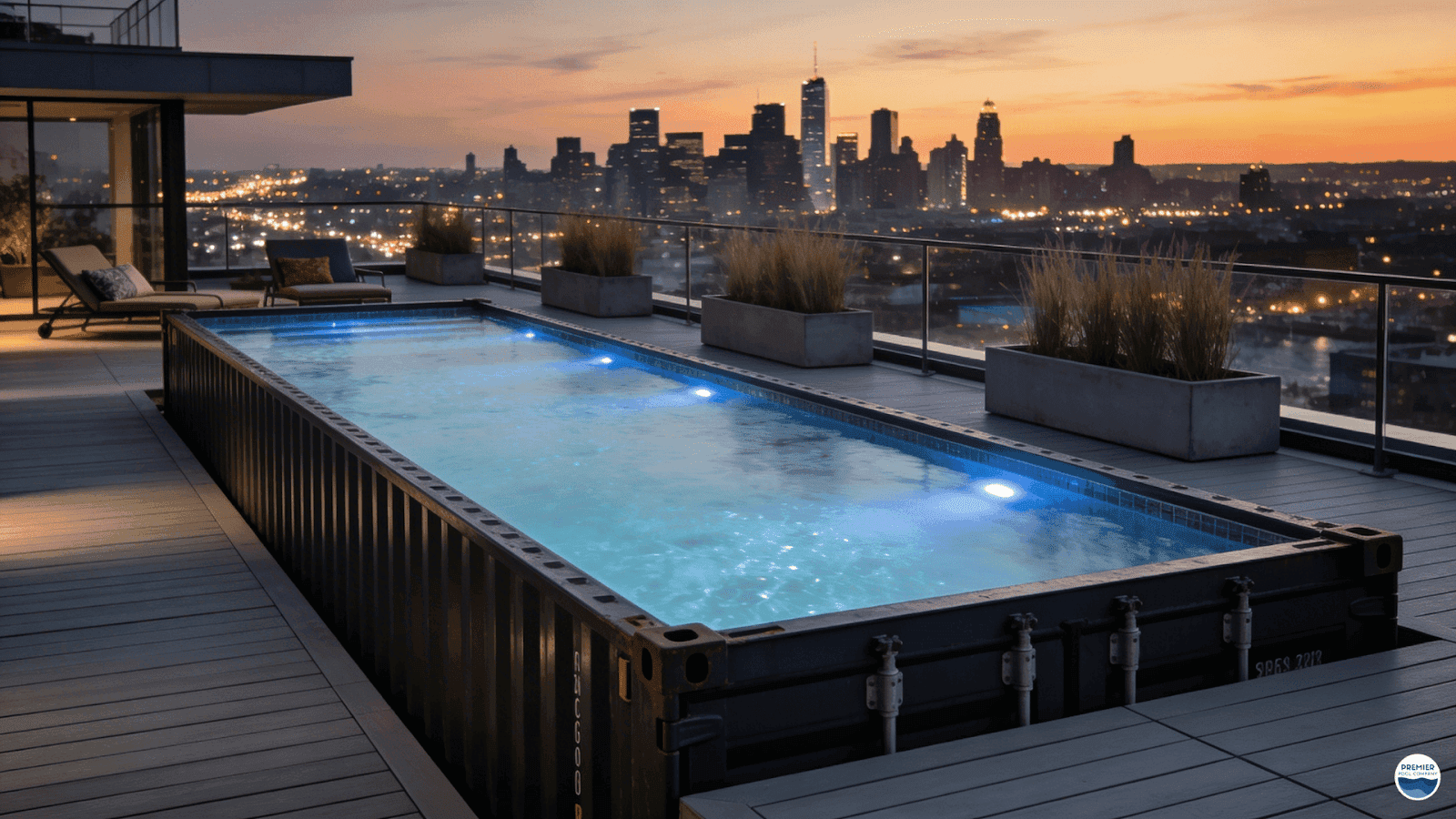 Rooftop container pool integration with structural decking and wind screens