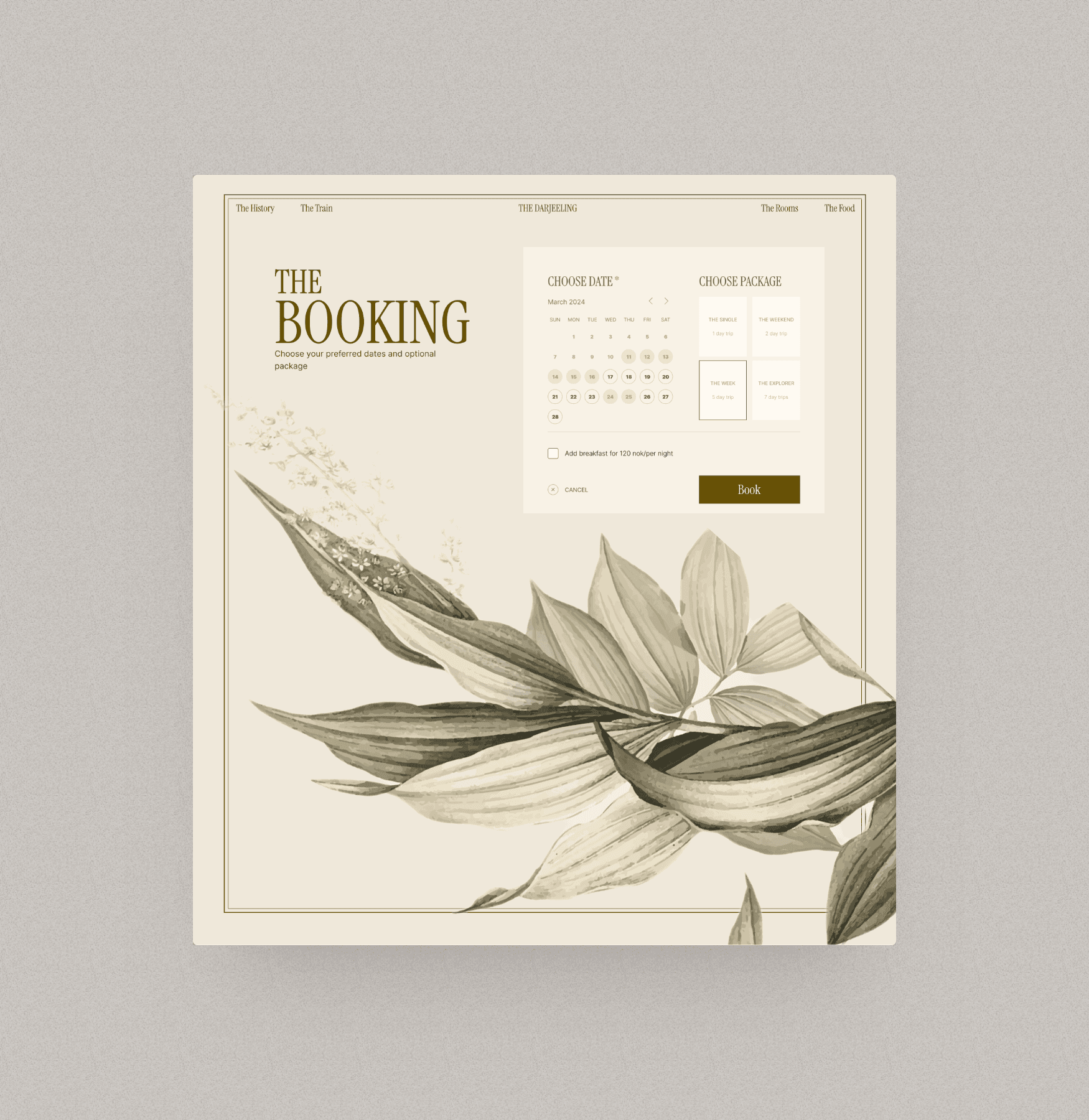 Booking page for a hotel website with a large illustrated flower covering half the page