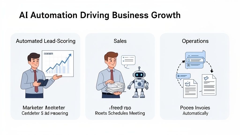 Infographic showing AI automation boosting lead scoring, sales, and operations for business growth.