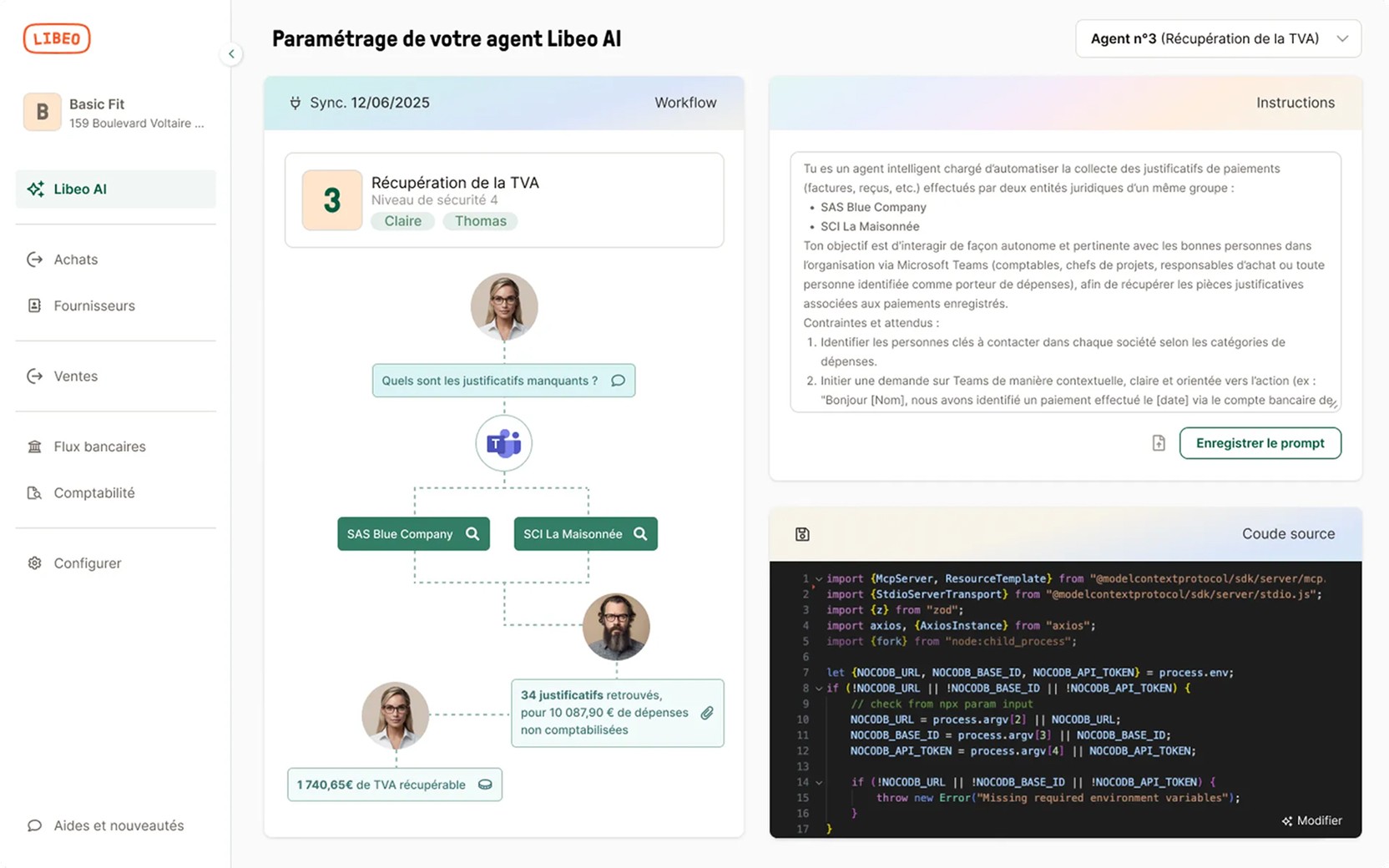 Tableau de bord Libeo avec paramétrage de votre agent Libeo AI