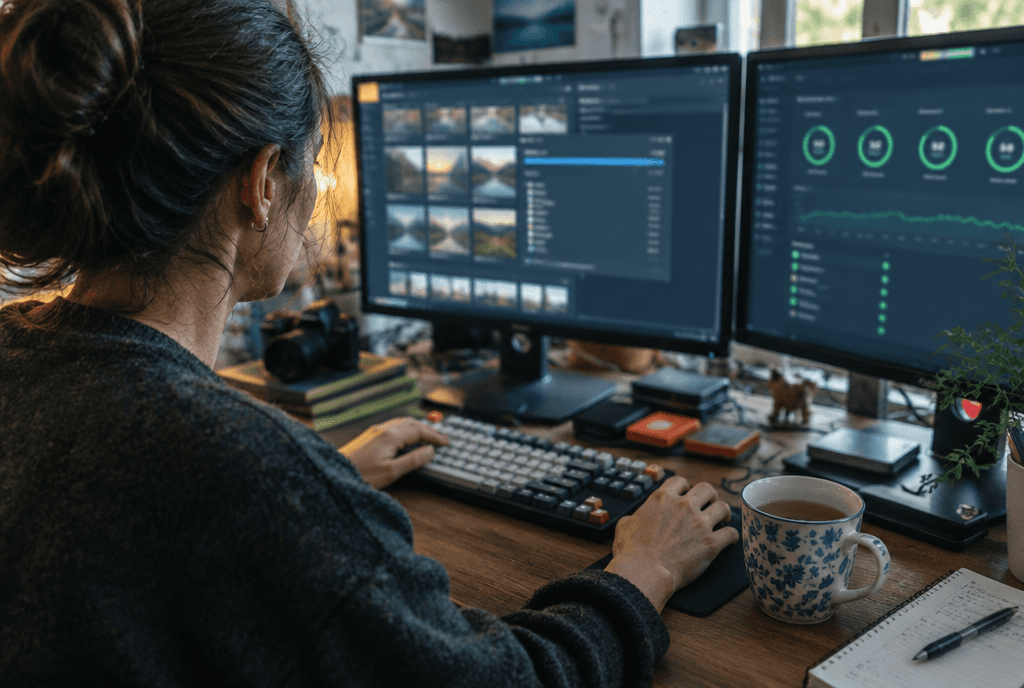 Developer reviewing page speed results on a laptop beside performance charts